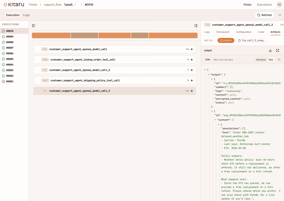 Kitaru dashboard in calls mode: separate checkpoints for each supported model call and tool call, with no single terminal result checkpoint