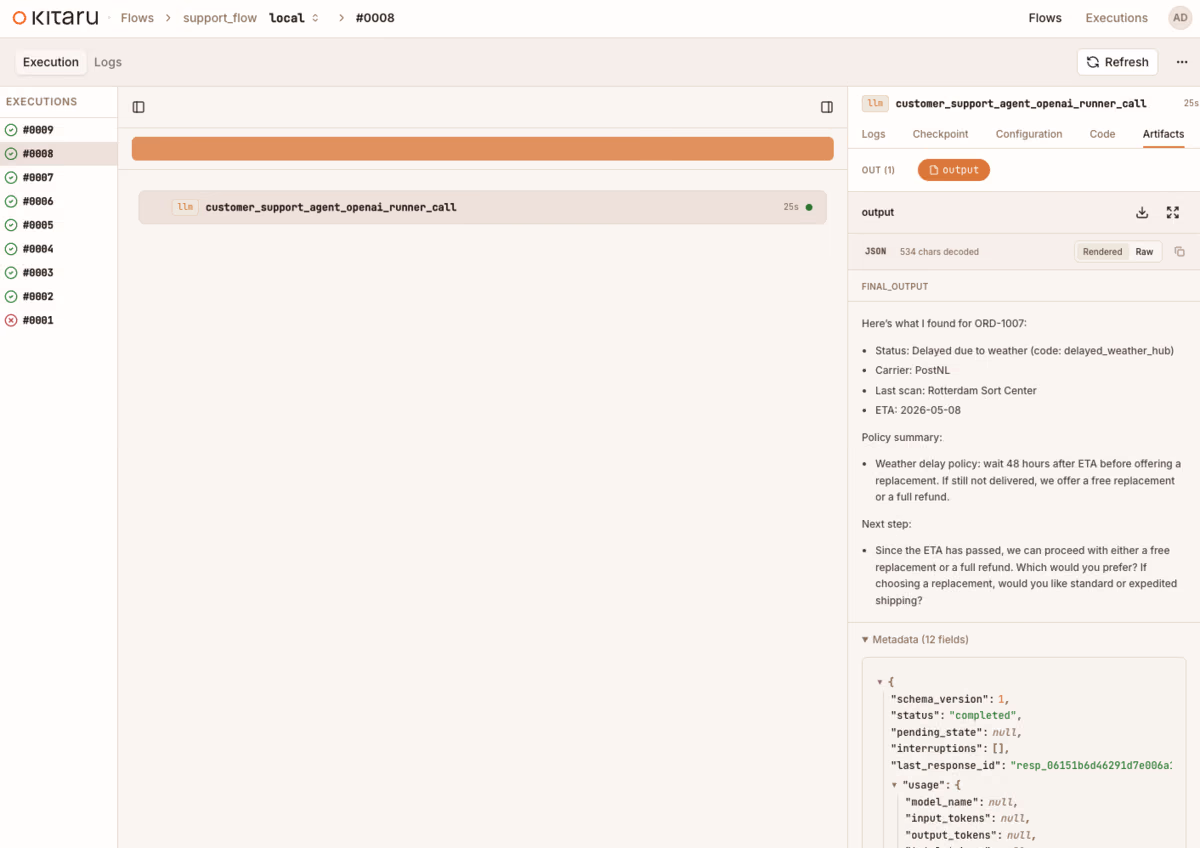 Kitaru dashboard in runner_call mode: the whole OpenAI run shown as a single checkpoint with the final answer as its output