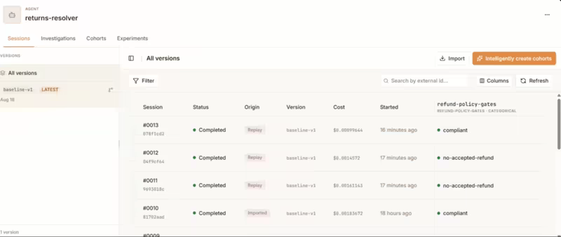 Kitaru sessions list for a returns-resolver agent, showing replayed and imported sessions with status, version, cost, and a refund-policy-gates evaluator marking each one compliant or no-accepted-refund