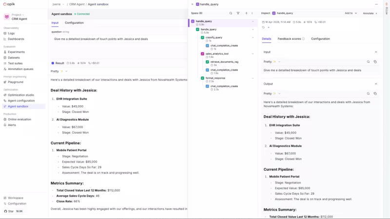 Opik Agent sandbox trace for a CRM agent, where the classify_query, sales_analytics_tool, and retrieve_documents_rag spans all run inside the connected agent's own code