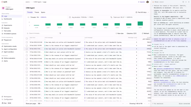 Opik Logs threads table for a CRM agent with the Ollie assistant panel open, analyzing the project's traces and describing the code change it made to add a generate_recommendations step