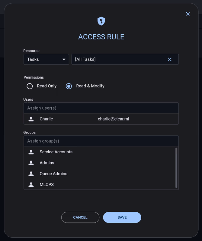 ClearML RBAC configuration showing access rules for different resource types