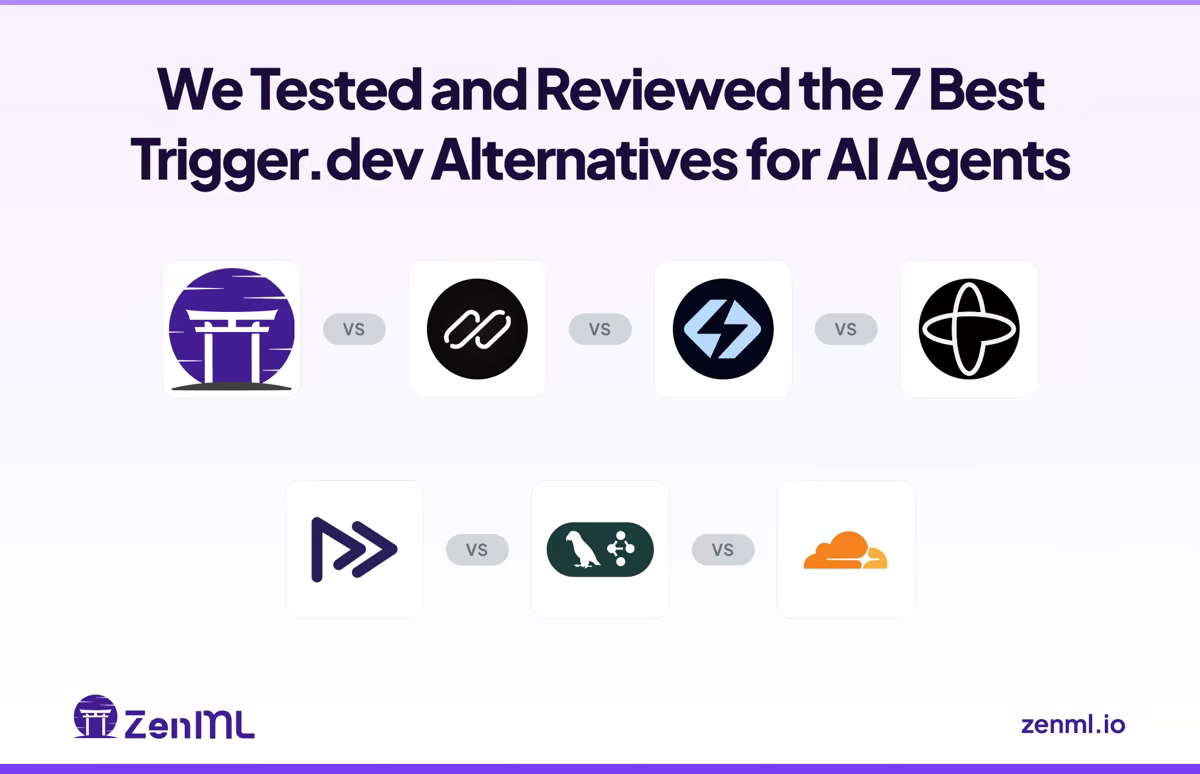ZenML blog cover for a review of the 7 best Trigger.dev alternatives for AI agents, showing the Kitaru, Inngest, Hatchet, Temporal, Restate, LangGraph and Cloudflare logos