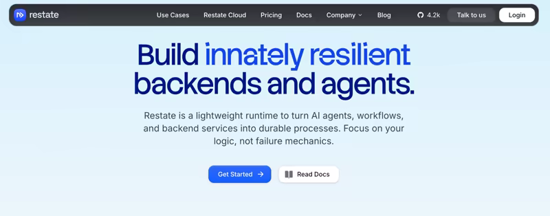 Restate homepage with the headline "Build innately resilient backends and agents", describing a lightweight runtime that turns AI agents, workflows and backend services into durable processes