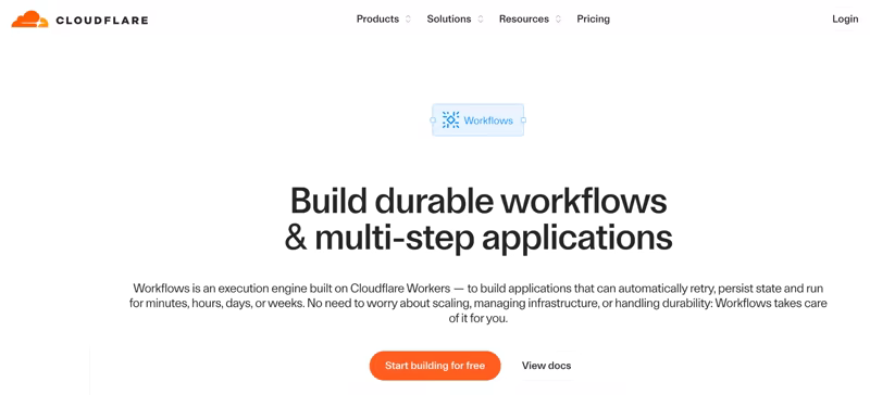 Cloudflare Workflows product page with the headline "Build durable workflows and multi-step applications", describing an execution engine built on Cloudflare Workers