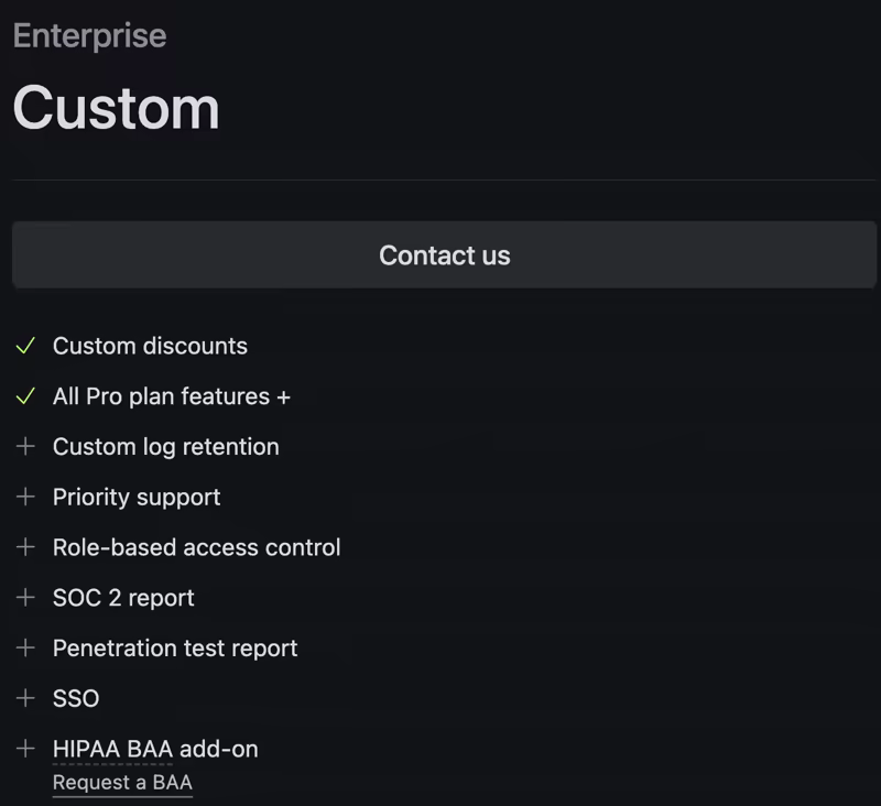 Trigger.dev Enterprise plan showing custom pricing, RBAC, SSO, and compliance features