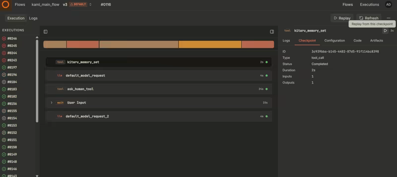 Kitaru checkpoint-based recovery resuming a Python agent from the last completed boundary
