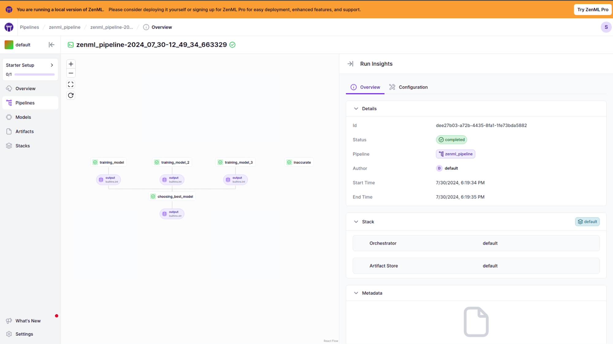 Screenshot of the ZenML Pro dashboard for running machine learning pipelines