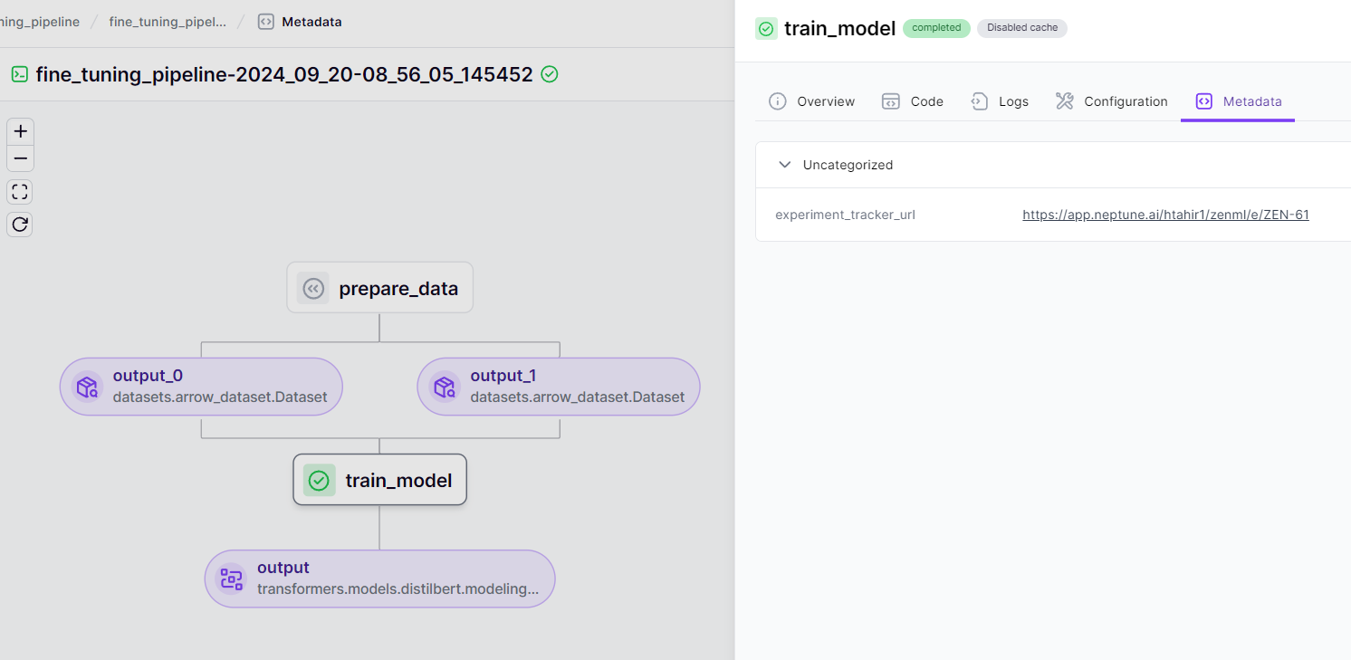 ZenML pipeline visualization showing a workflow with three steps: 'prepare_data' feeding into two 'datasets.arrow_dataset.Dataset' outputs, which then feed into 'train_model', resulting in a 'transformers.models.distilbert.modeling' output. The pipeline is named 'fine_tuning_pipeline-2024_09_20-08_56_05_145452'. The interface shows tabs for Overview, Code, Logs, Configuration, and Metadata, with Metadata selected. The Metadata pane displays an experiment tracker URL.