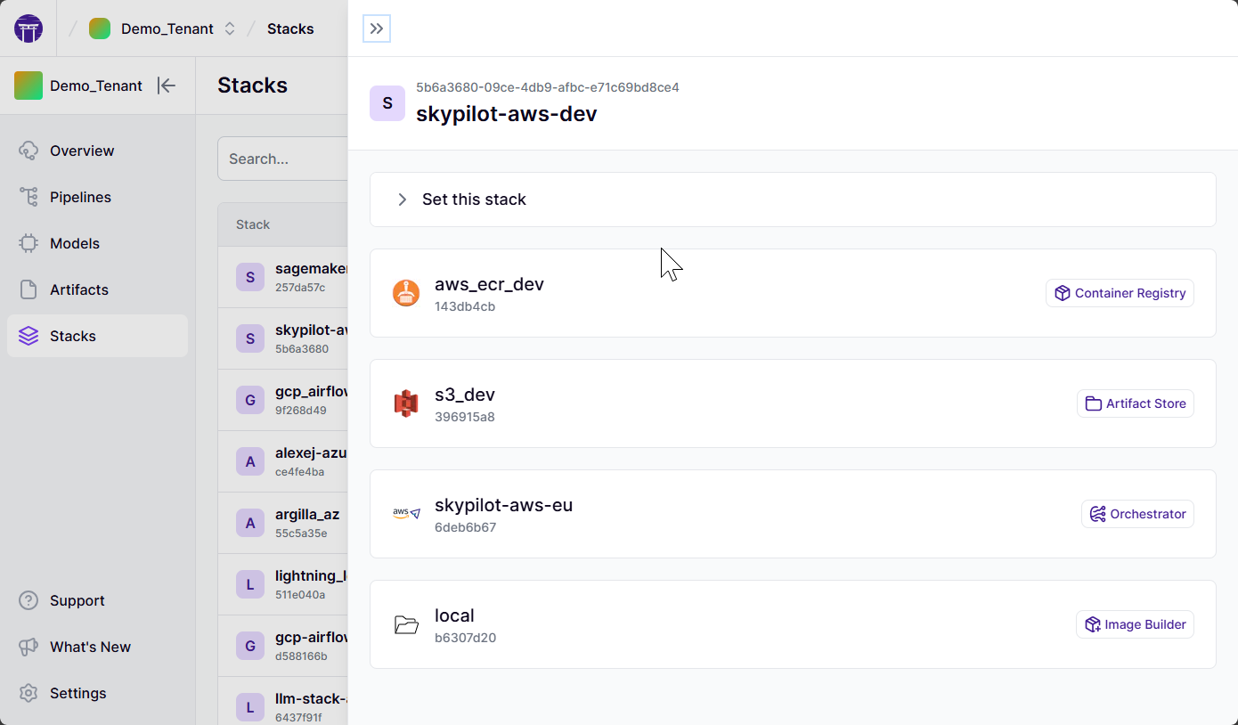 Looking at a stack description in the ZenML Dashboard