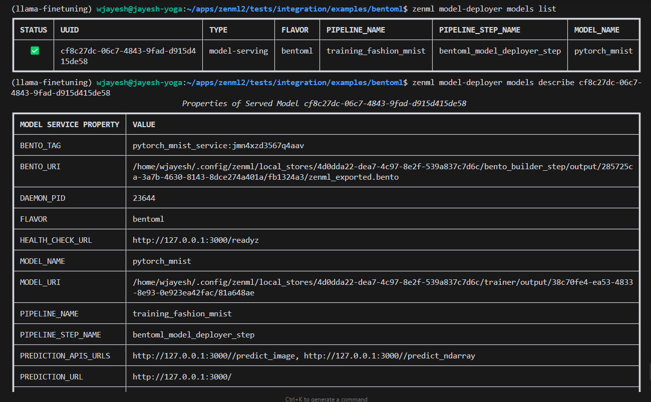 CLI output of the zenml model-deployer models describe command showing all model details.