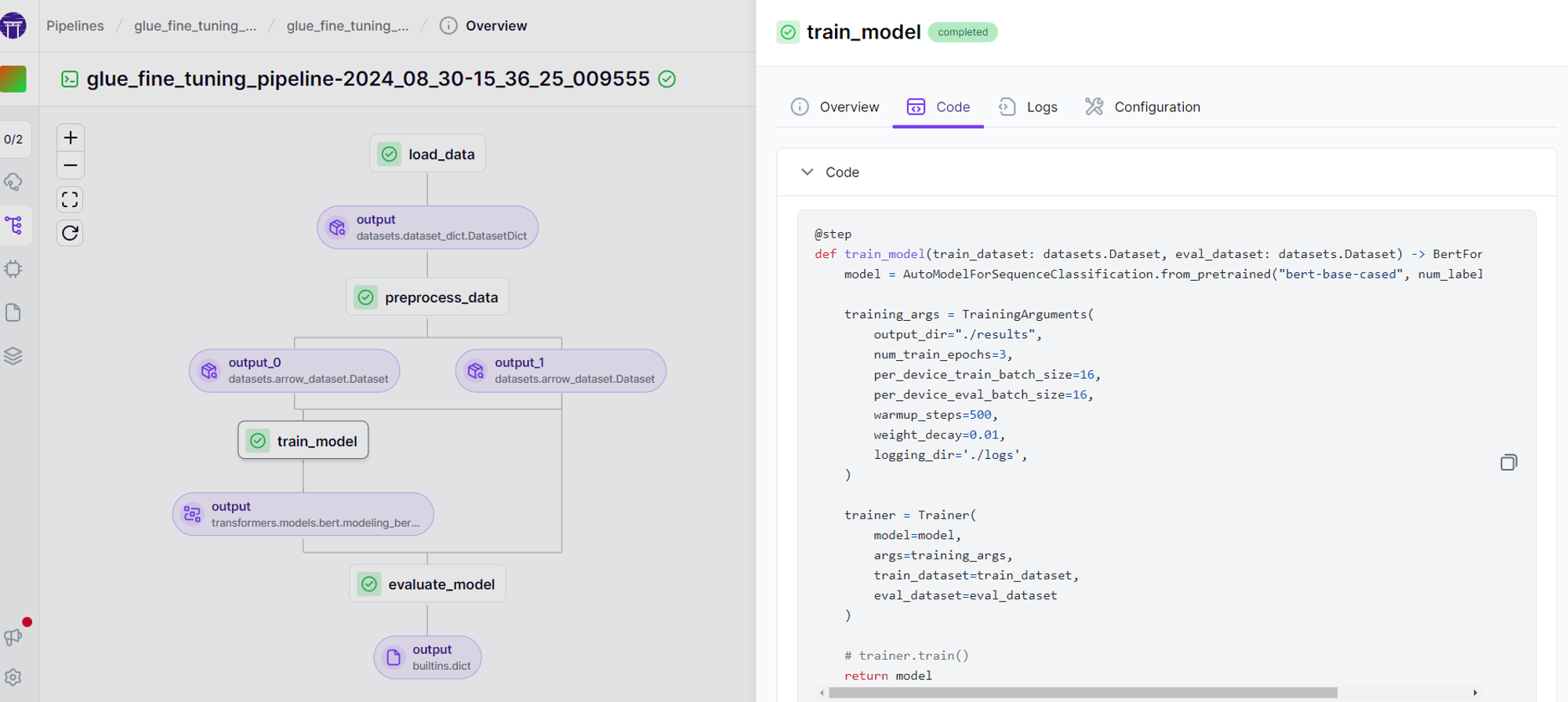 ML pipeline diagram with run details and overview