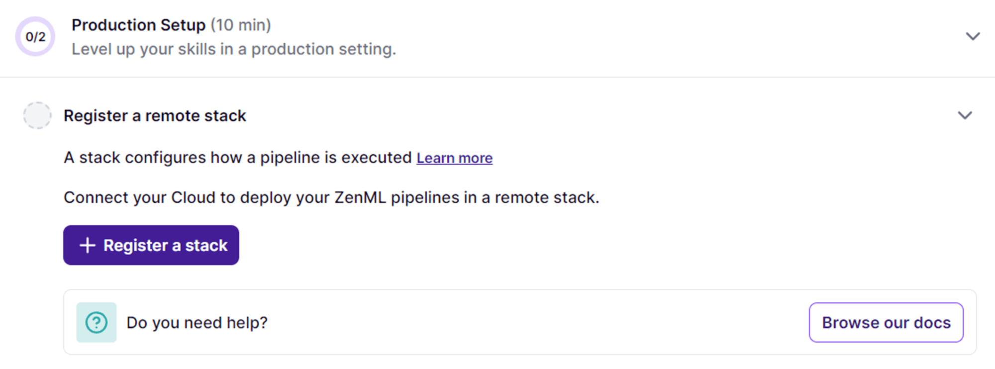 ZenML Production Setup interface: 10-minute guide to register a remote stack for cloud deployment of ML pipelines, with options to learn more and access documentation