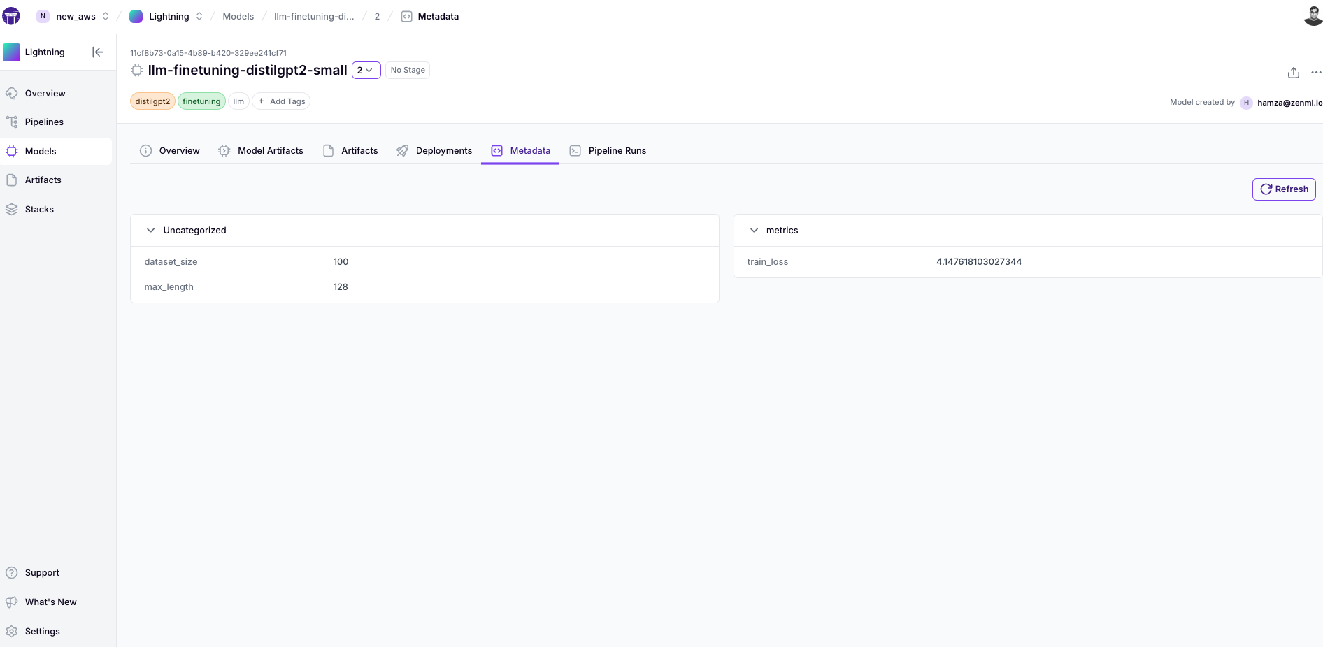 A screenshot of the ZenML model control plane, with some metrics and metadata tracked for a finetuned LLM model.