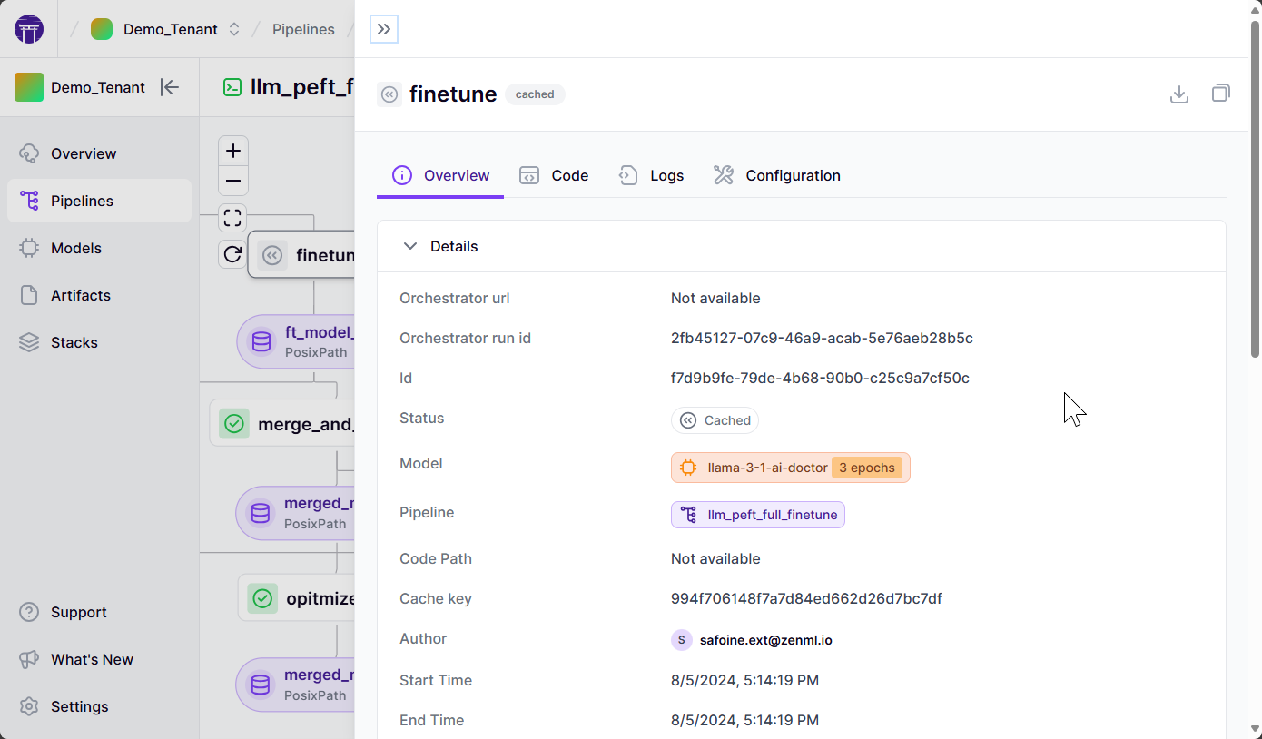 Step description on the ZenML Dashboard showing details like the start and end times.