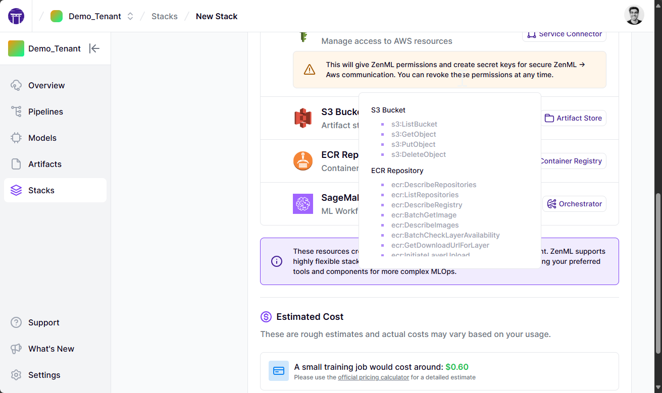 ZenML Stack Infrastructure spin up page that shows components and how much they would cost.