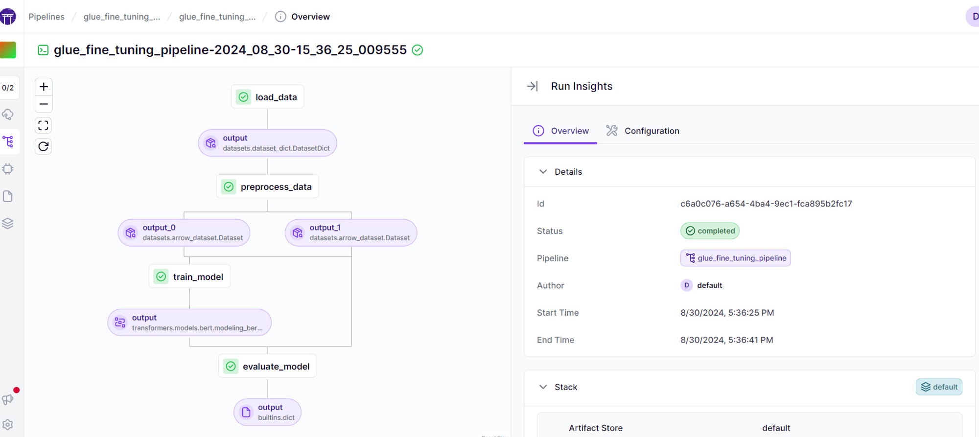 ML pipeline diagram with code for training model step