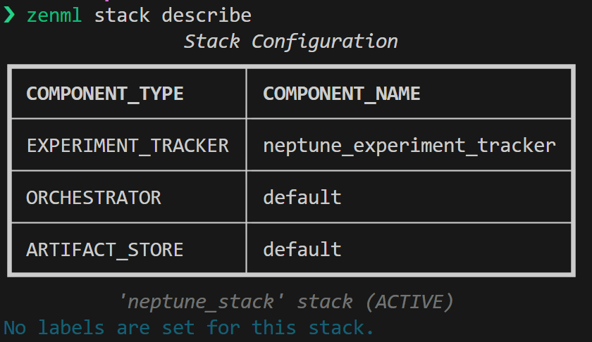 ZenML stack description output showing a Stack Configuration table. It lists EXPERIMENT_TRACKER as neptune_experiment_tracker, ORCHESTRATOR as default, and ARTIFACT_STORE as default. The stack is named 'neptune_stack' and is active. No labels are set for this stack.