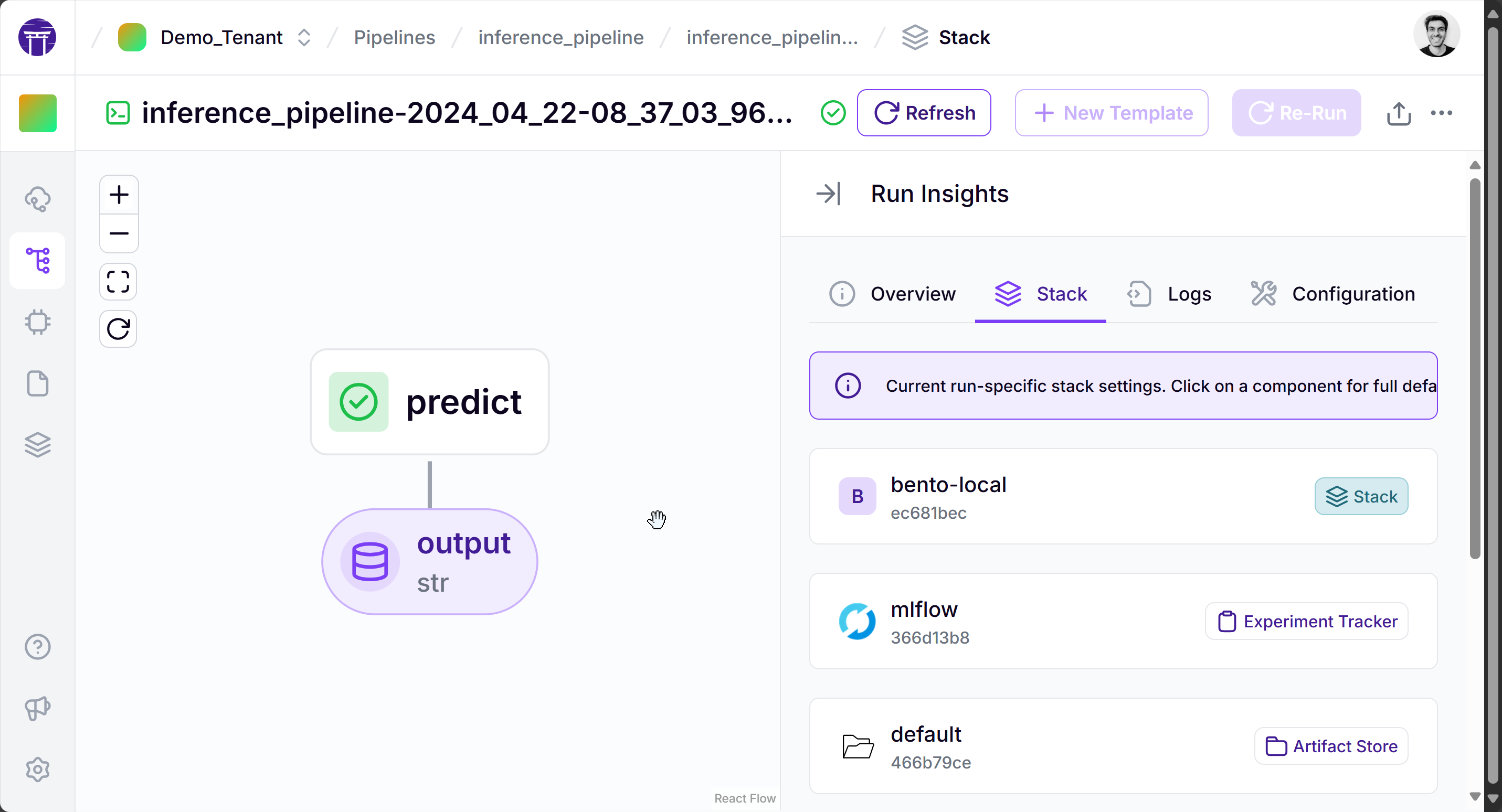 A pipeline page showing a prediction pipeline run with a stack wtih bentoml