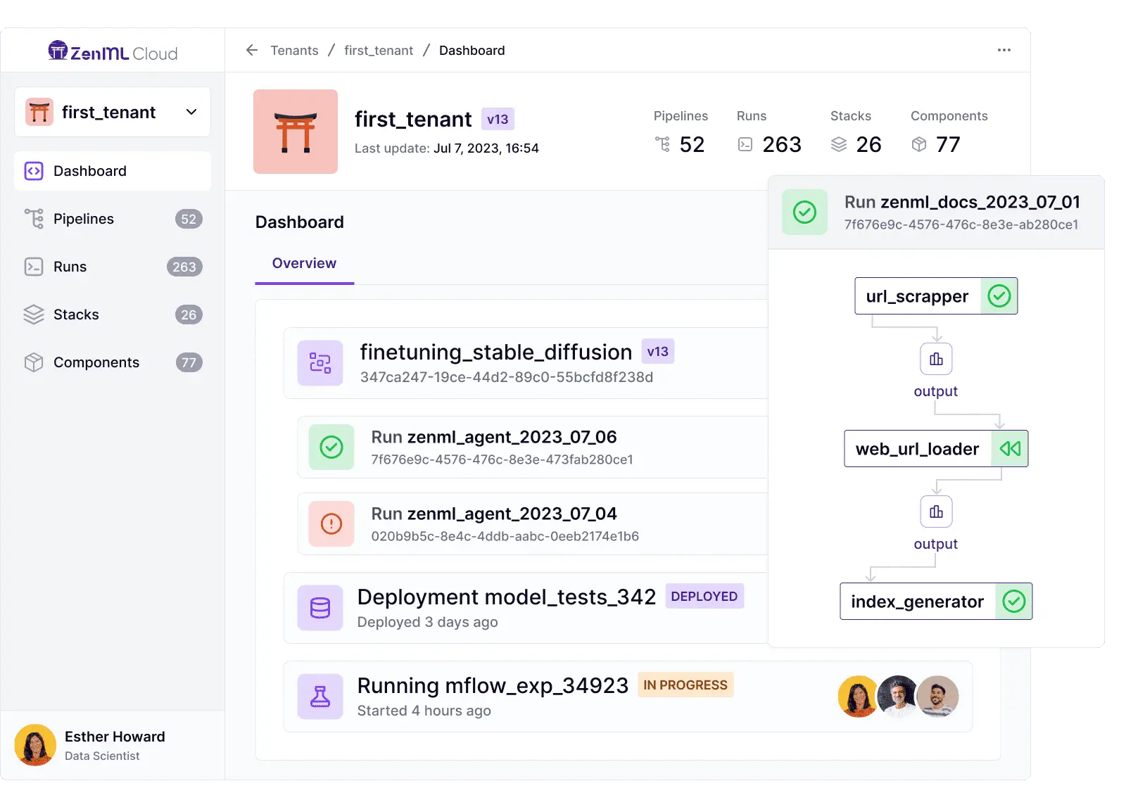 ZenML dashboard displaying machine learning pipeline runs and experiment tracking with statuses and components.