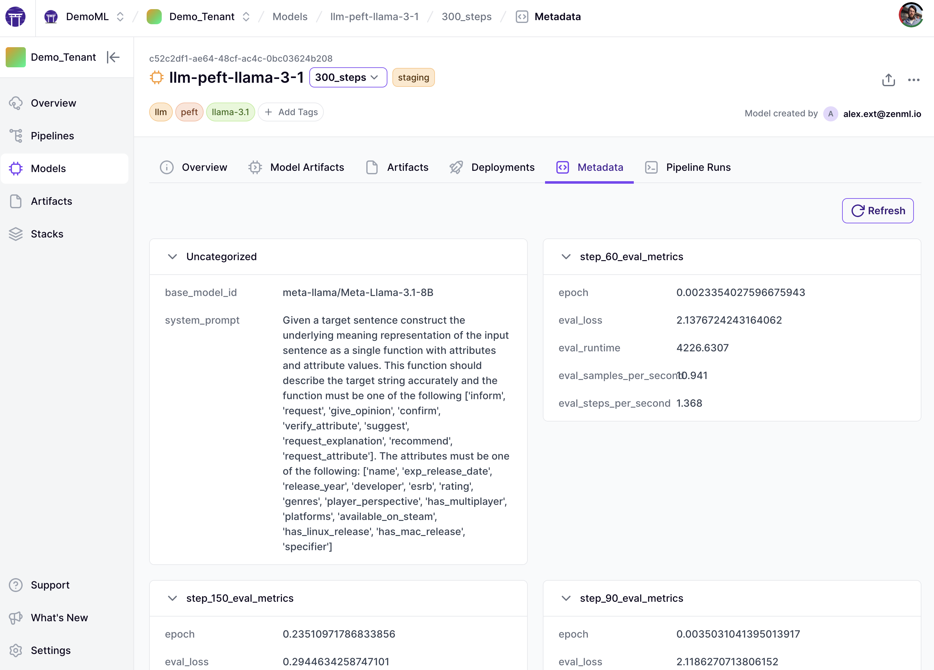 A screenshot of the Model Control Plane overview of a single model version on the ZenML Dashboard. Specifically this shows the metadata tab for a particular model version where you can inspect metrics like the eval scores or even the LLM system prompt.