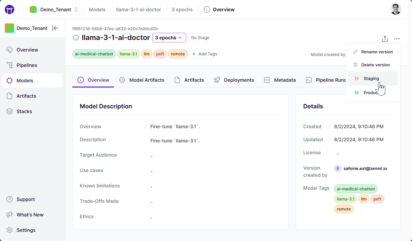 The Model page on the Model Control Plane showing how easy it is to promote model versions.