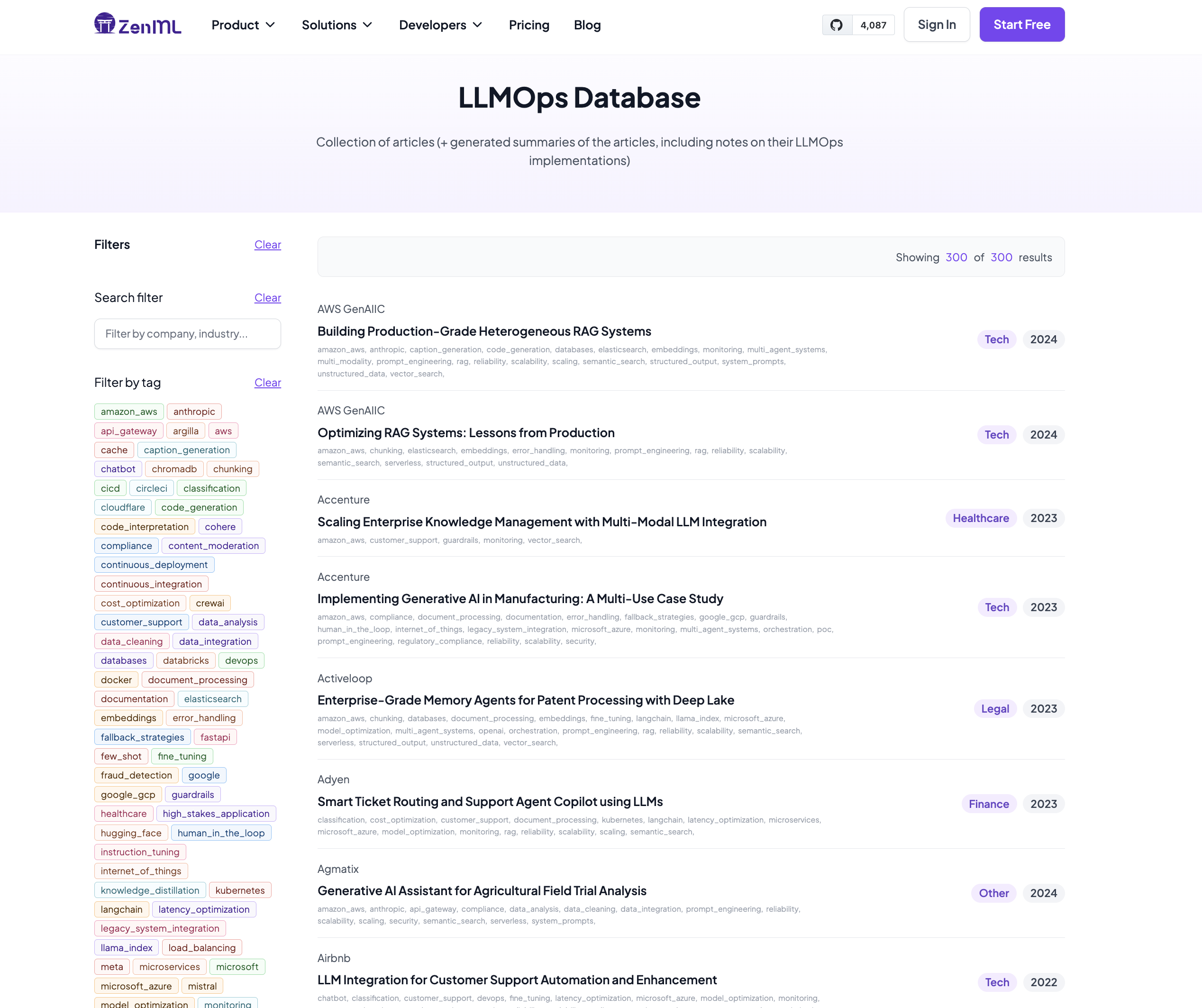 Screenshot of the ZenML LLMOps database, a collection of summaries of case studies around the technical implementation of LLMs and GenAI in production.