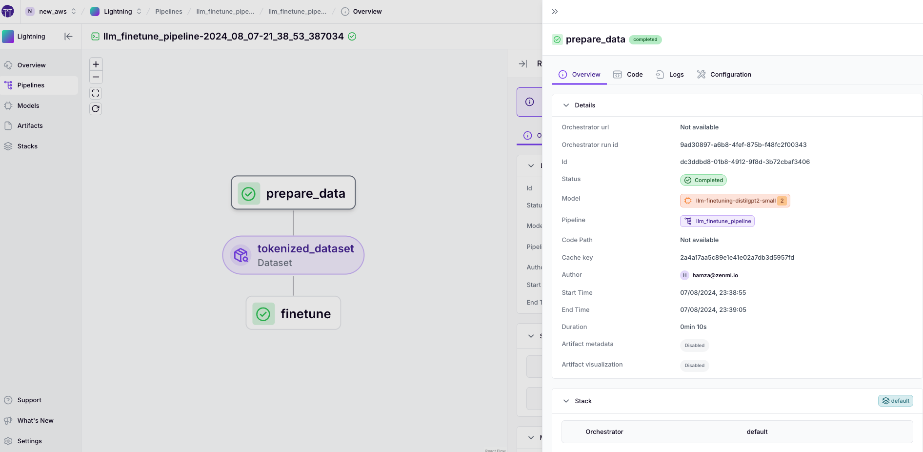 A screenshot of the ZenML directed acyclic graph visualizer, showcasing a LLM finetuning pipeline run