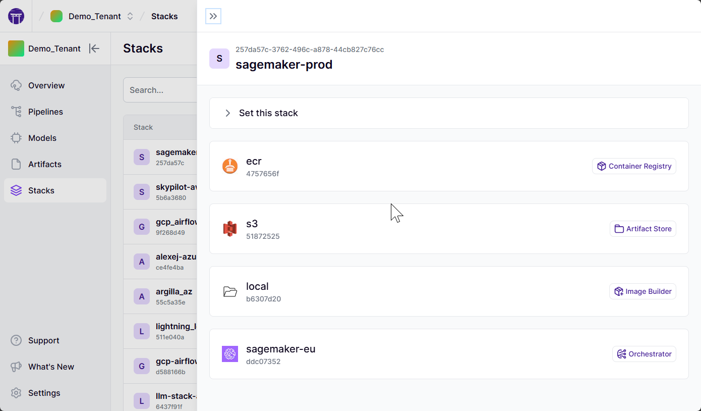 Looking at a stack description in the ZenML Dashboard