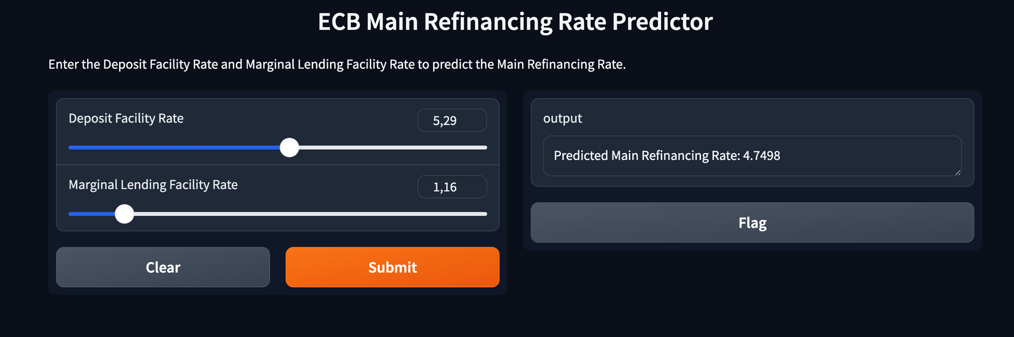 ECB Main Refinancing Rate Prediction Tool - Users can input Deposit Facility and Marginal Lending Facility Rates to forecast the ECB's Main Refinancing Rate. Includes sliders to adjust input values and a output field to display the predicted rate.