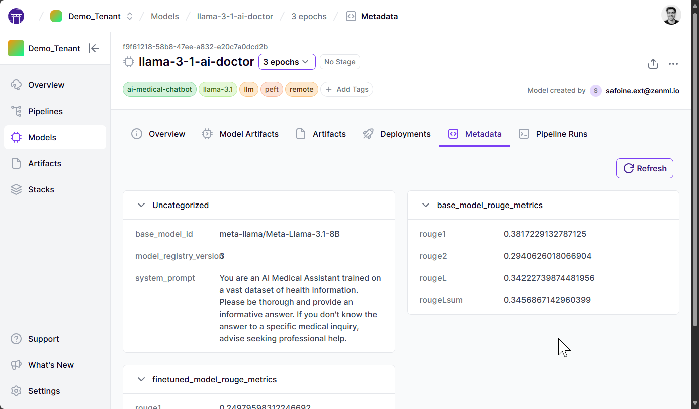 You can log metadata like evaluation metrics on for each Model version and it shows up on the Model Control Plane.