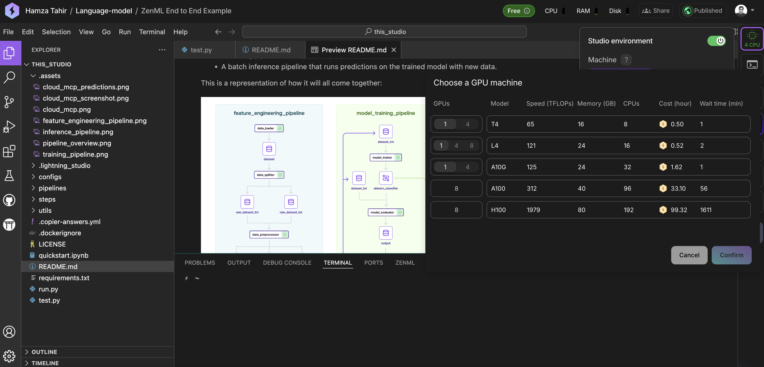 A screenshot of a Lightning AI studio workspace. It showcases a VS Code instance. On the right you see the ability to change the Machine type to many different GPU configurations.