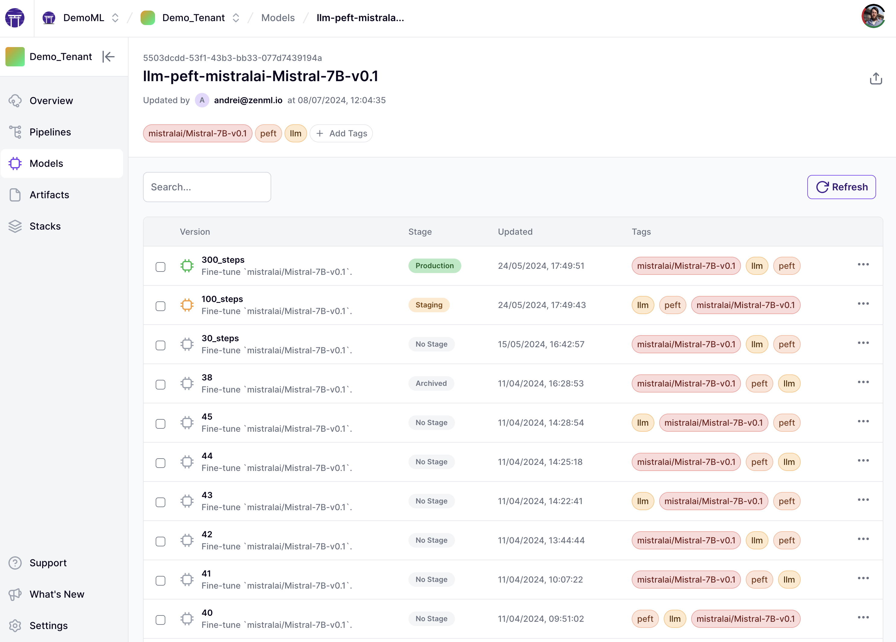 Screenshot of the Model Control Plane on the ZenML Dashboard. This gives you a global overview of the experiments and iterations of work you’ve carried out on your models.