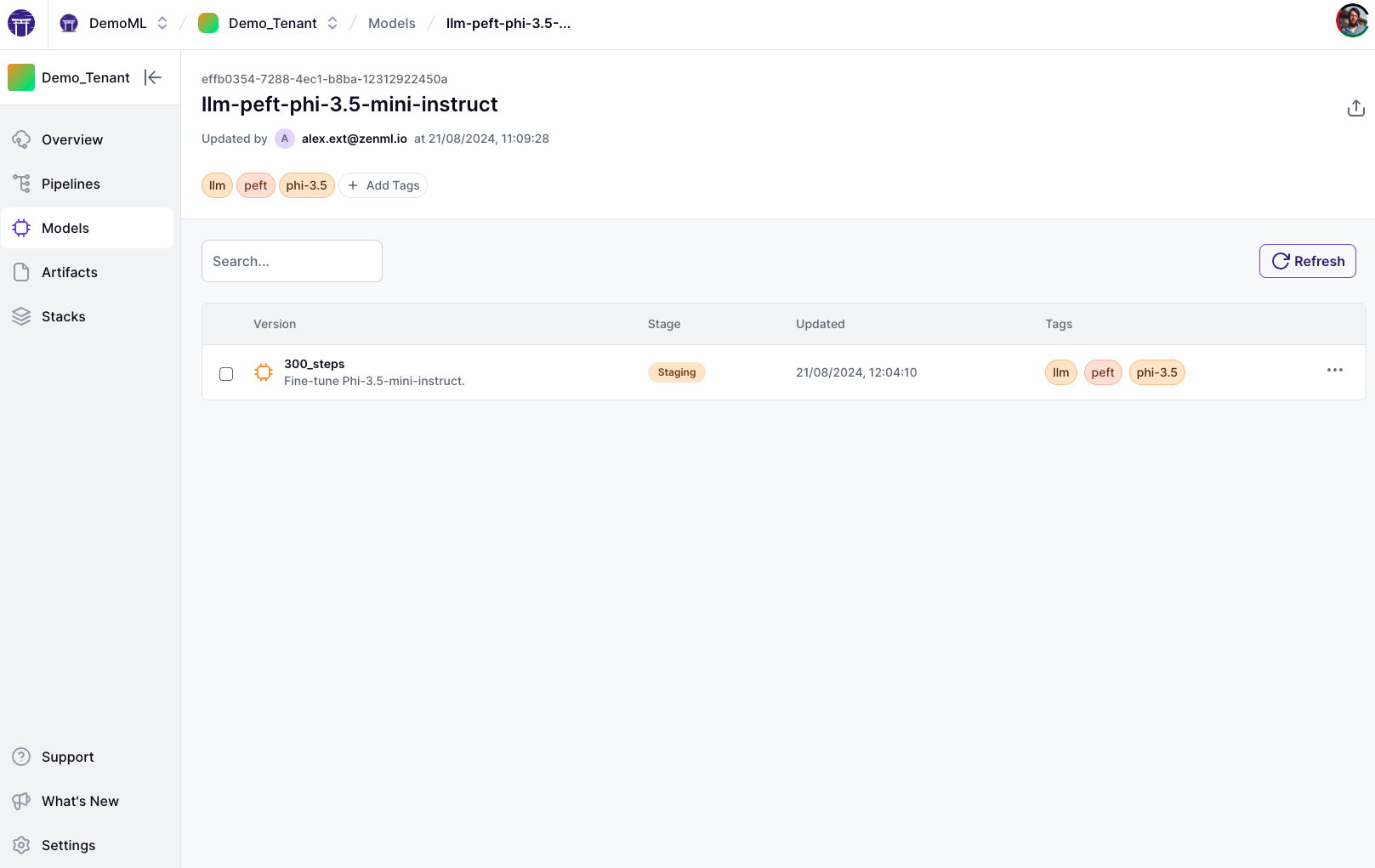 Screenshot of the ZenML dashboard's model control plane for Phi 3.5.