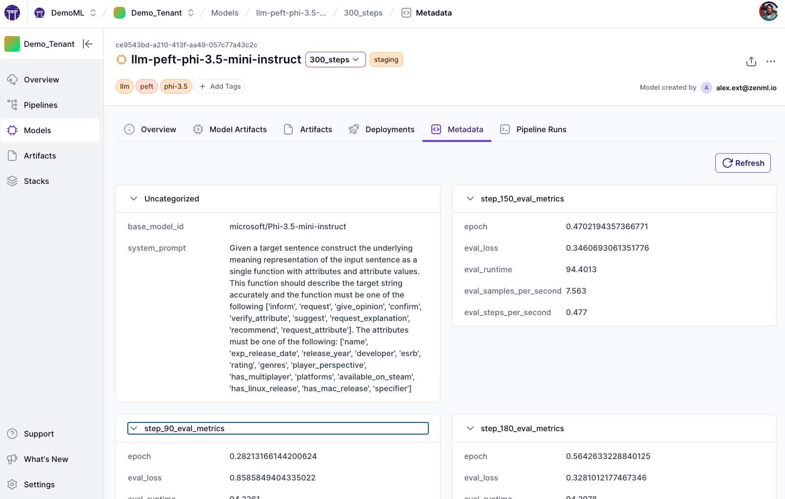 Screenshot of the ZenML model control plane's view of model metadata