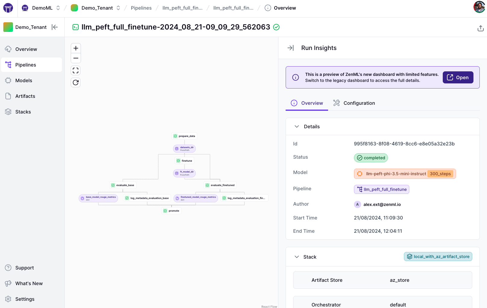 Screenshot of the ZenML dashboard showing the Phi 3.5 pipeline run.