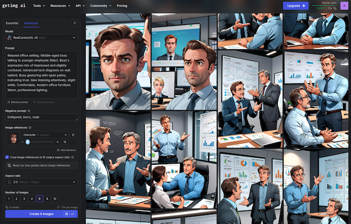 Screenshot of the getimg.ai image generation tool, using custom characters