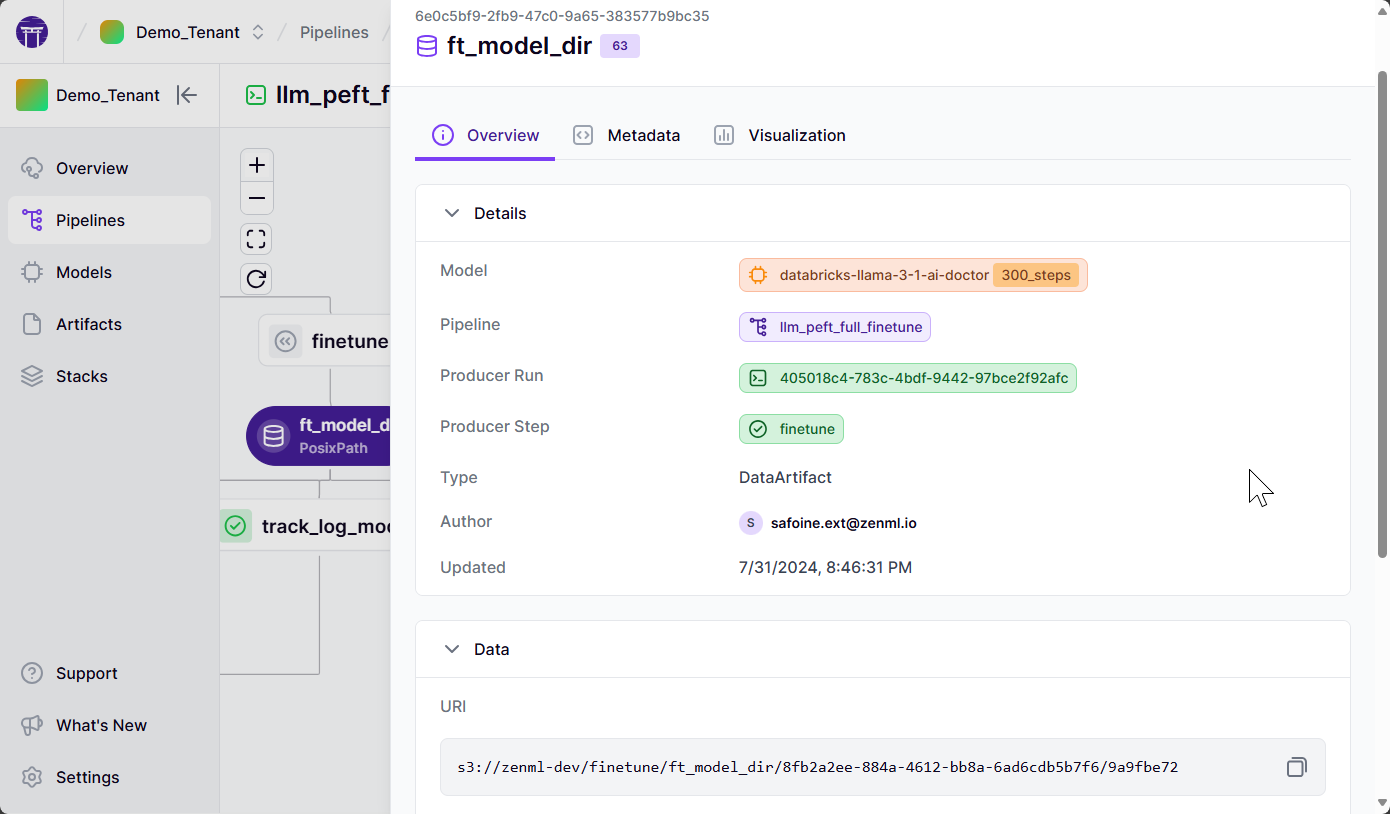 The artifact view on the pipeline run page that shows you what step produced it and when, among other things.