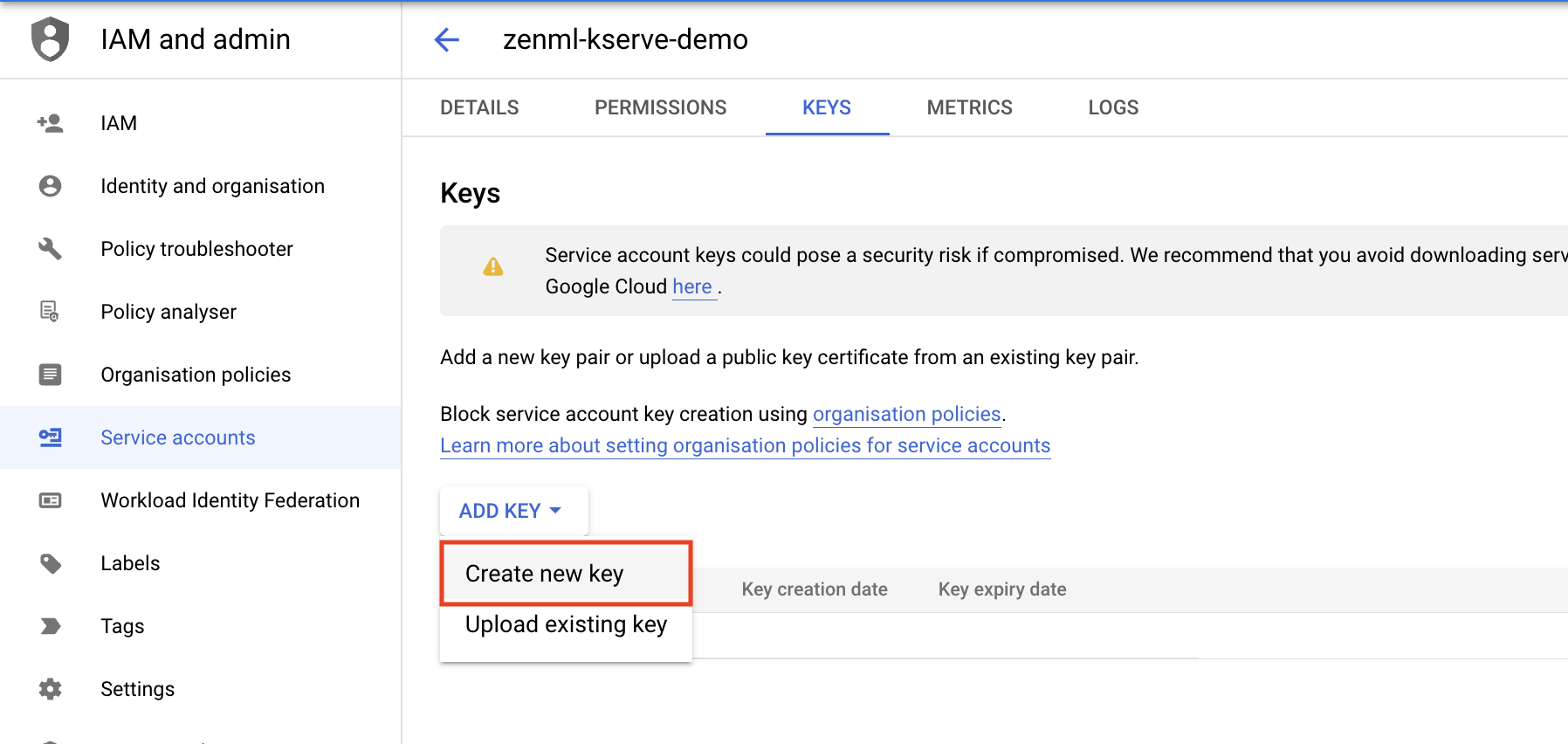 create a service account key