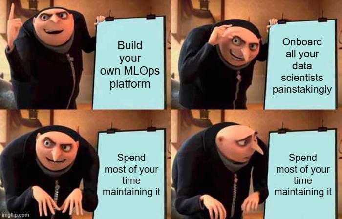 A four-panel meme using images of Gru from 'Despicable Me'. Each panel shows him presenting a plan: First, 'Build your own MLOps platform', second, 'Onboard all your data scientists painstakingly', third and fourth both show 'Spend most of your time maintaining it', with Gru's expression becoming increasingly concerned as he realizes the maintenance burden.