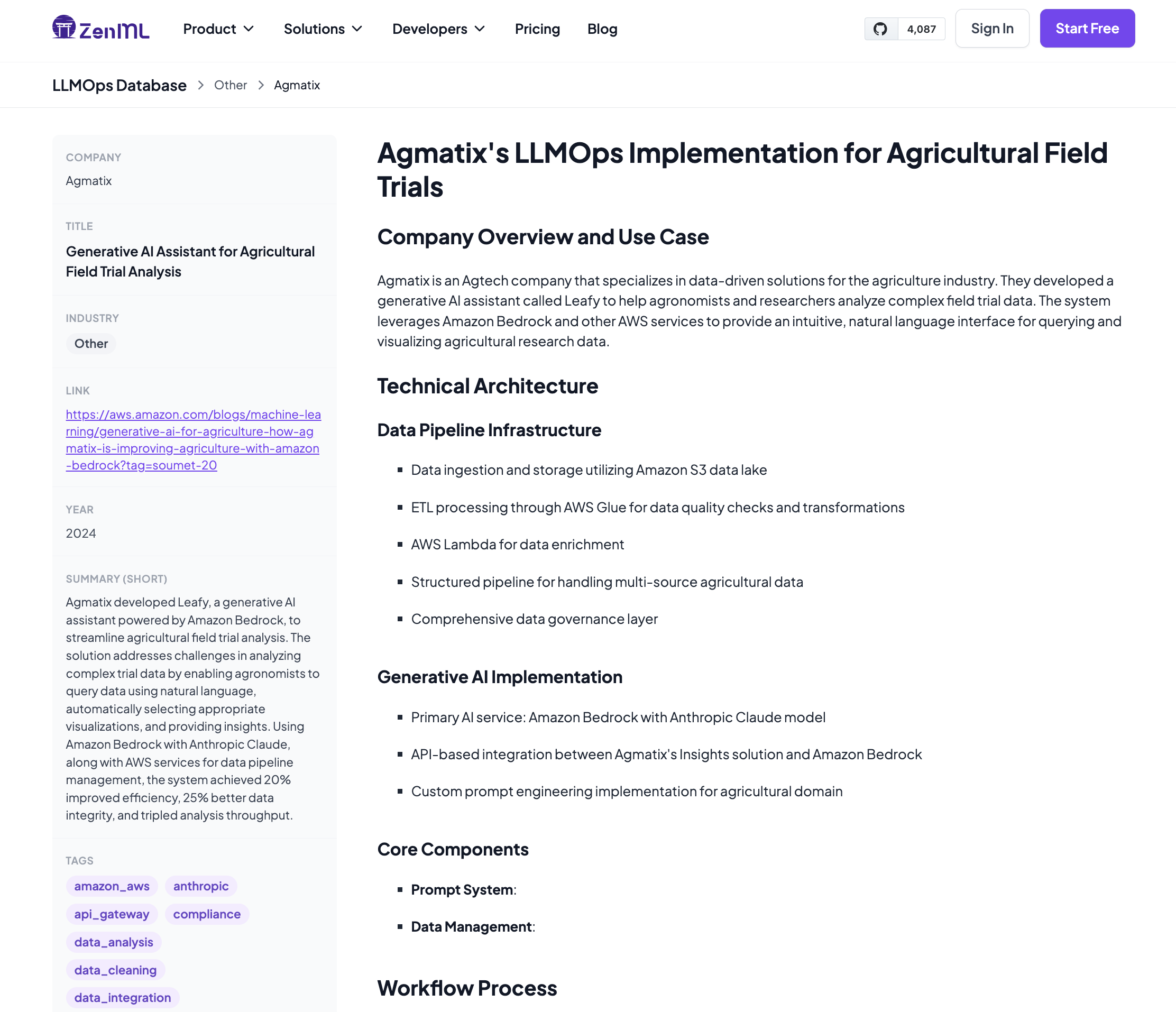 Screenshot of a sample entry in the LLMOps database. In this case, it’s part of the summary of Agmatix’s case study around the use of LLMOps for Agricultural Field Trials.
