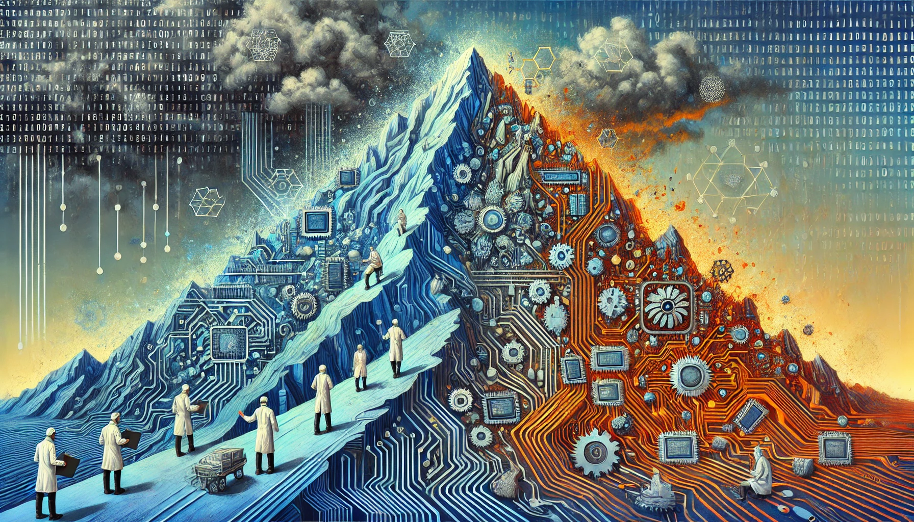 A dramatic digital illustration of a mountain constructed from tangled circuit boards, neural network nodes, and broken gears. At the base, small figures in white lab coats gesture urgently, surrounded by cascading geometric shapes. The mountain transitions in color from stable blue-green circuits at the base to chaotic orange and red patterns toward the peak, symbolizing growing instability. Above, dark storm clouds loom with binary code patterns embedded in them. The mountain casts a shadow of fragmented code patterns, evoking a sense of complexity and conflict.