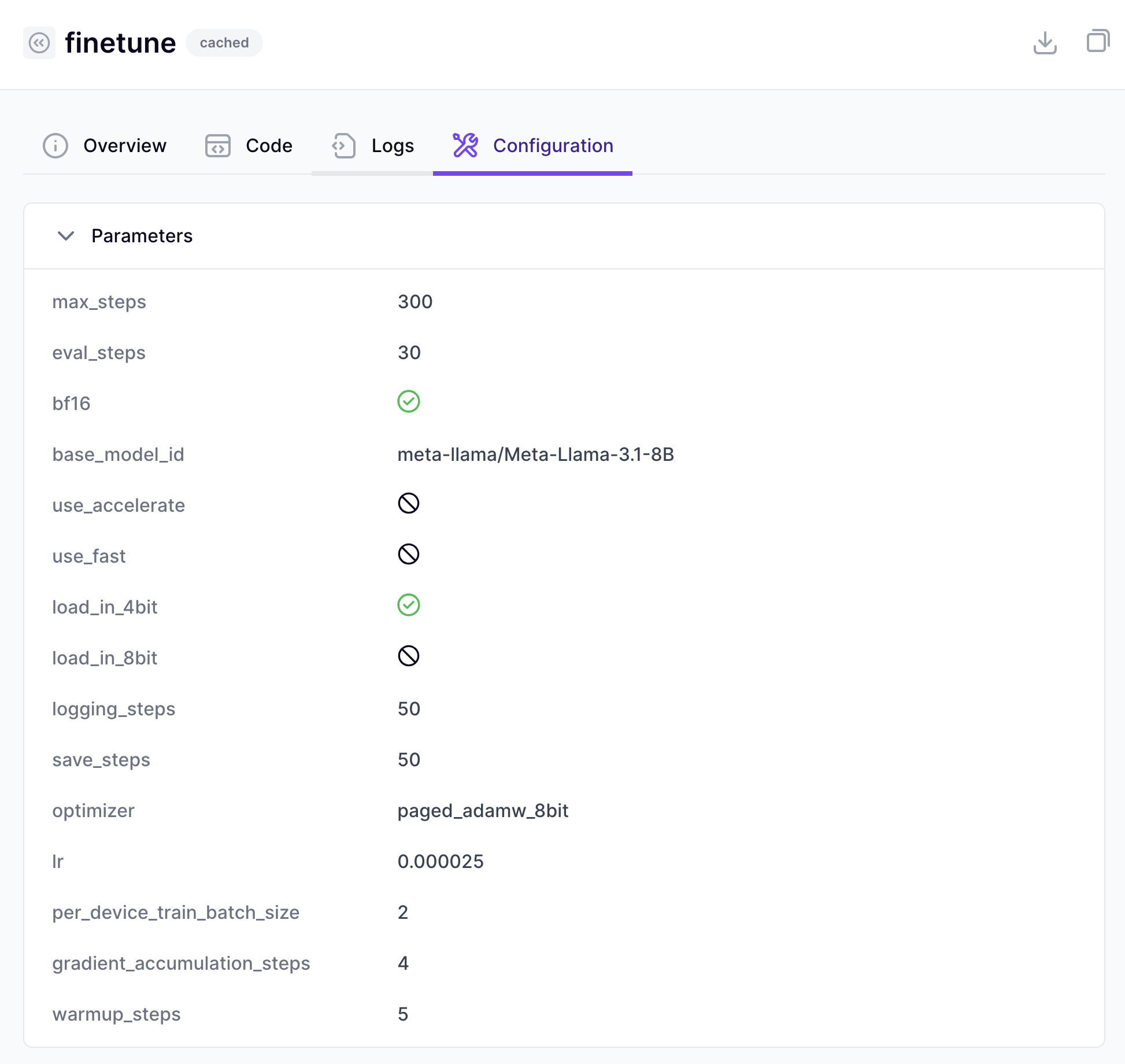 A partial screenshot of the ZenML Dashboard showing parameters passed in for a particular finetuning step.