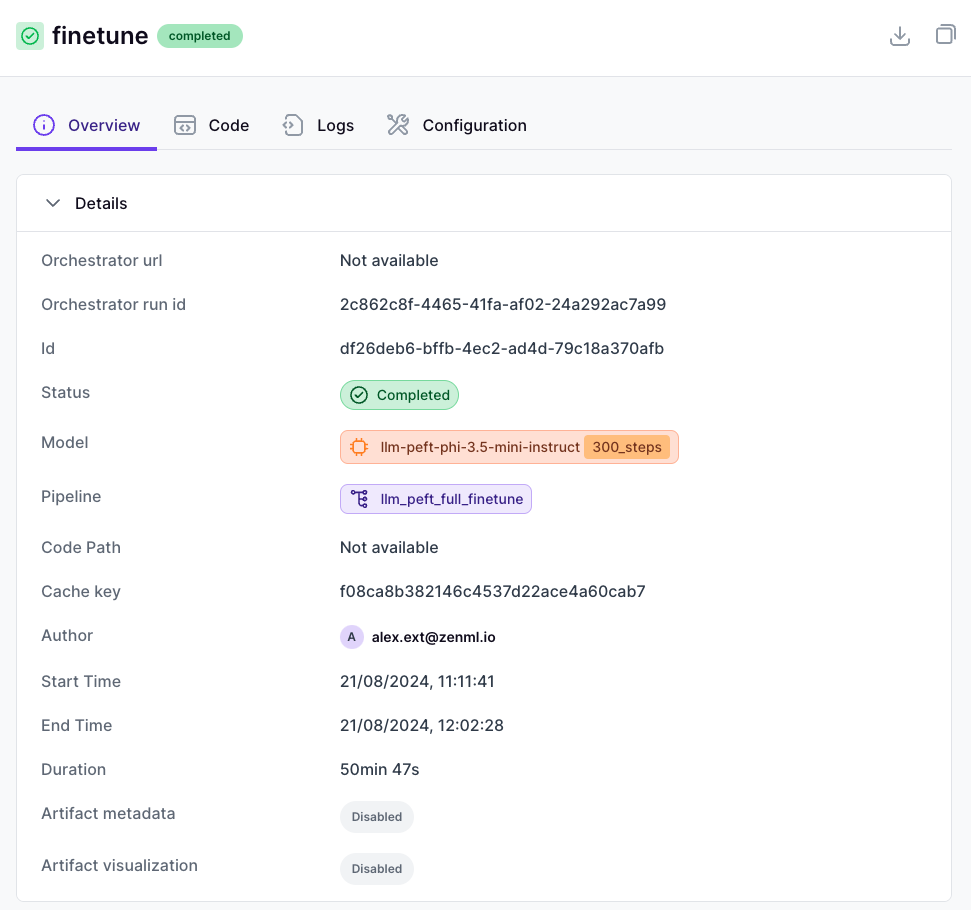 A partial screenshot of the ZenML Dashboard showing parameters passed in for a particular finetuning step.
