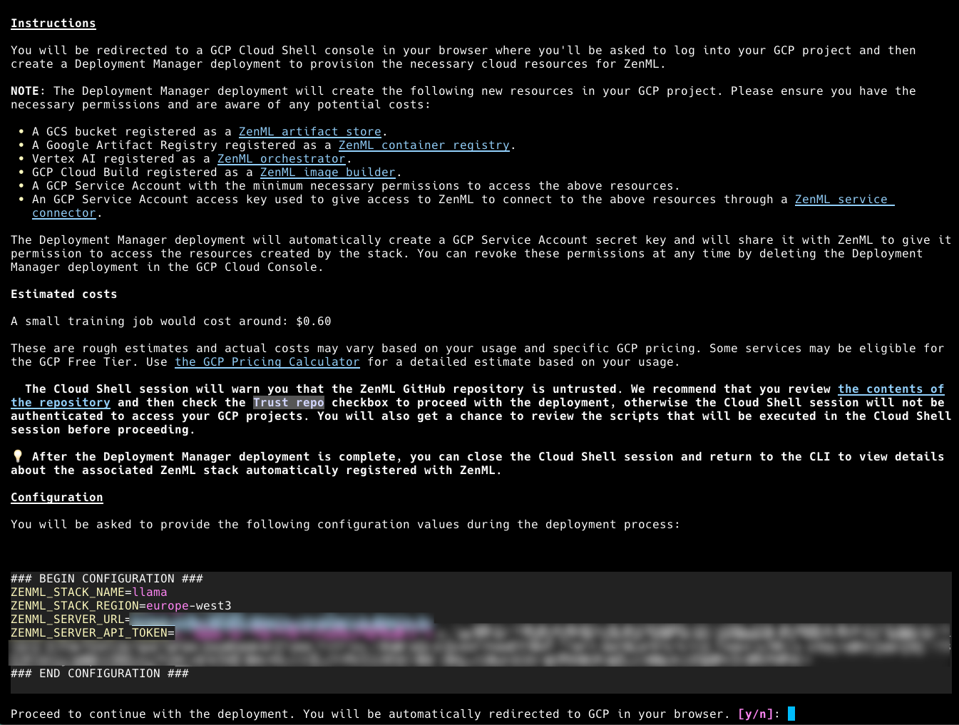 Screenshot of the terminal when setting up a stack with one-click deployment. We use GCP to set up a basic MLOps stack.
