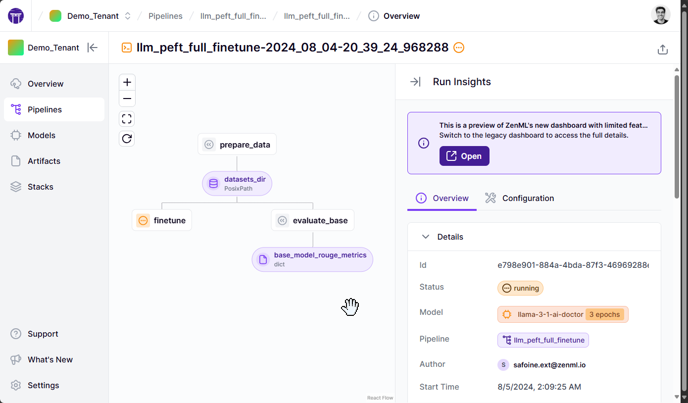 The pipeline run view on the ZenML Dashboard showing the DAG and relevant details.
